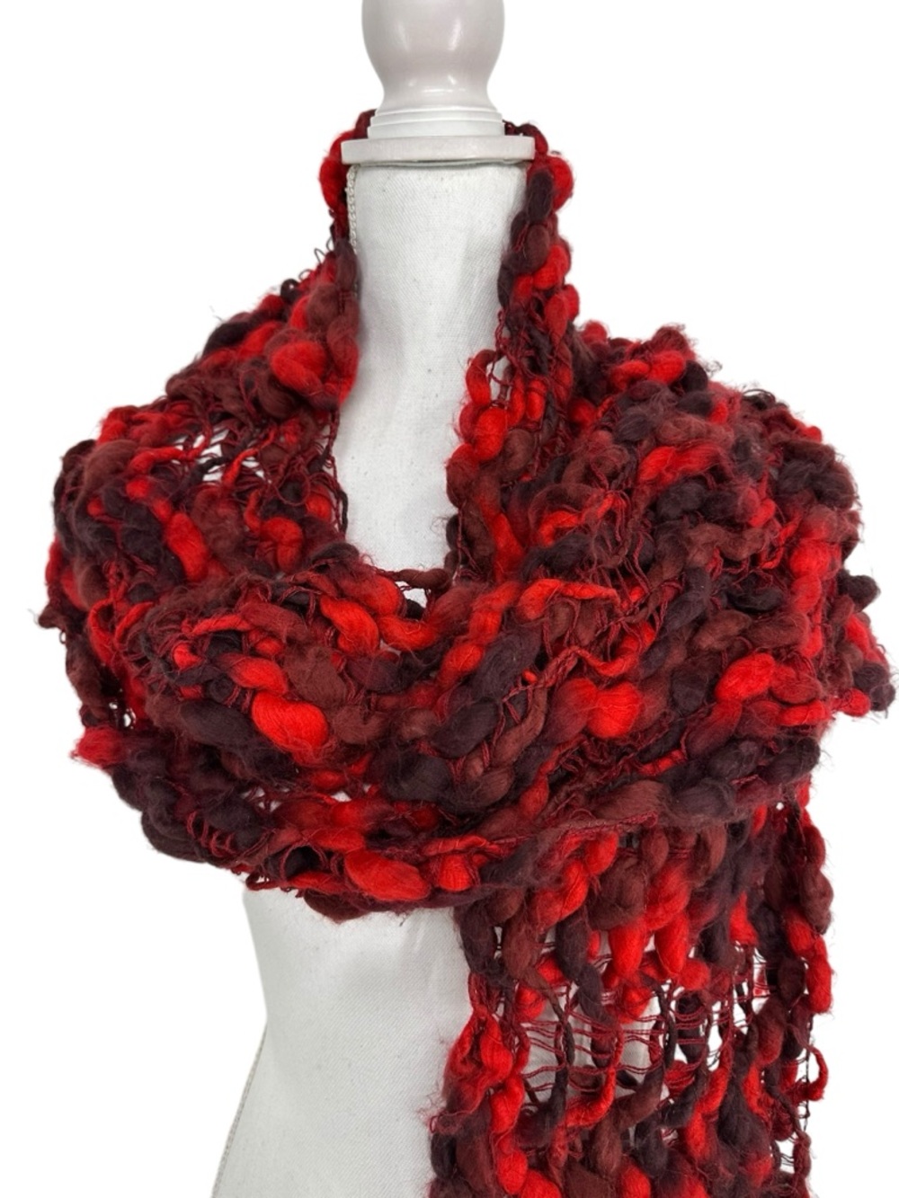 BDG / Red & Black Extra Fluffy Crochet Scarf Wrap Fringe Detail / Emo Goth Indie - Picture 2 of 6